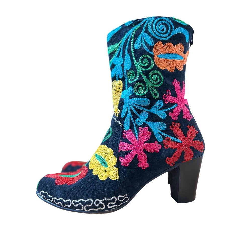 Suzani Embroidered Floral Velvet Block Heel Ankle Boots Women Size 39/US 9 - Picture 8 of 14